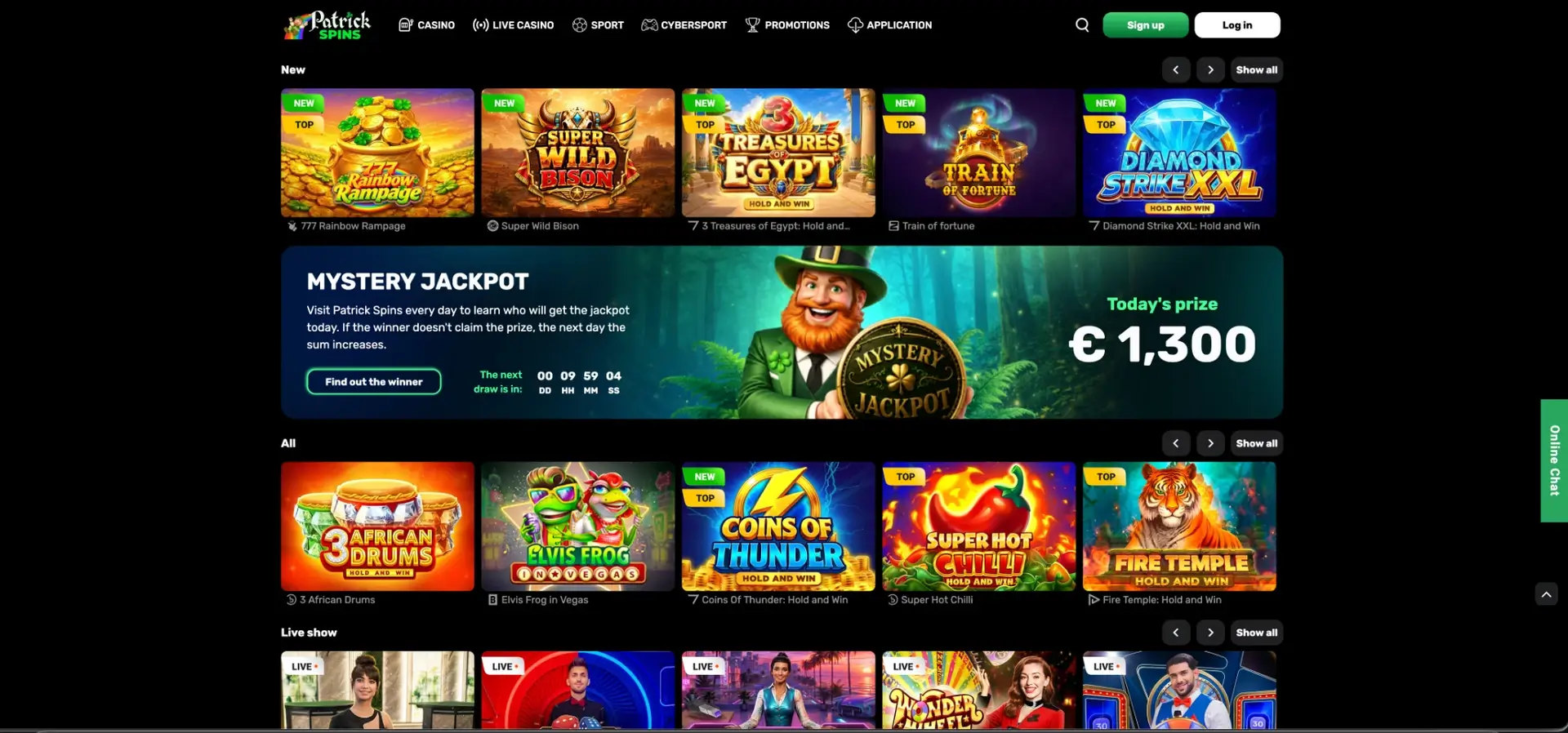 Patrick Spins casino lobby with popular and trending games