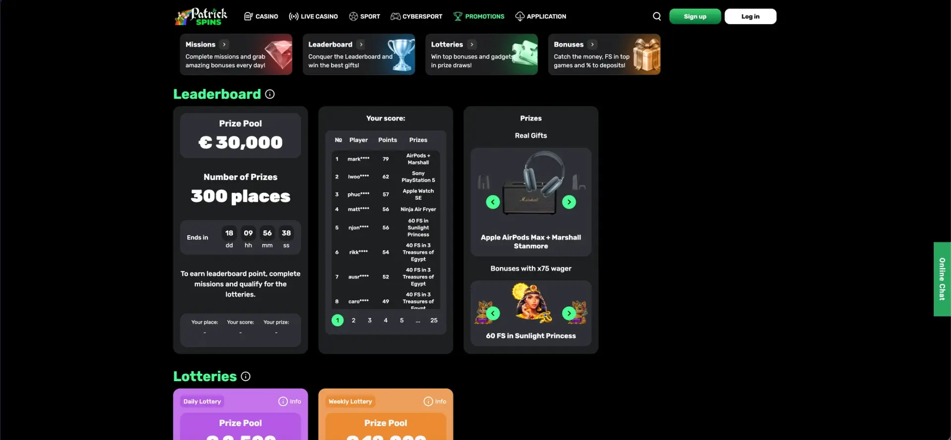 Patrick Spins leaderboard promotion and prize positions
