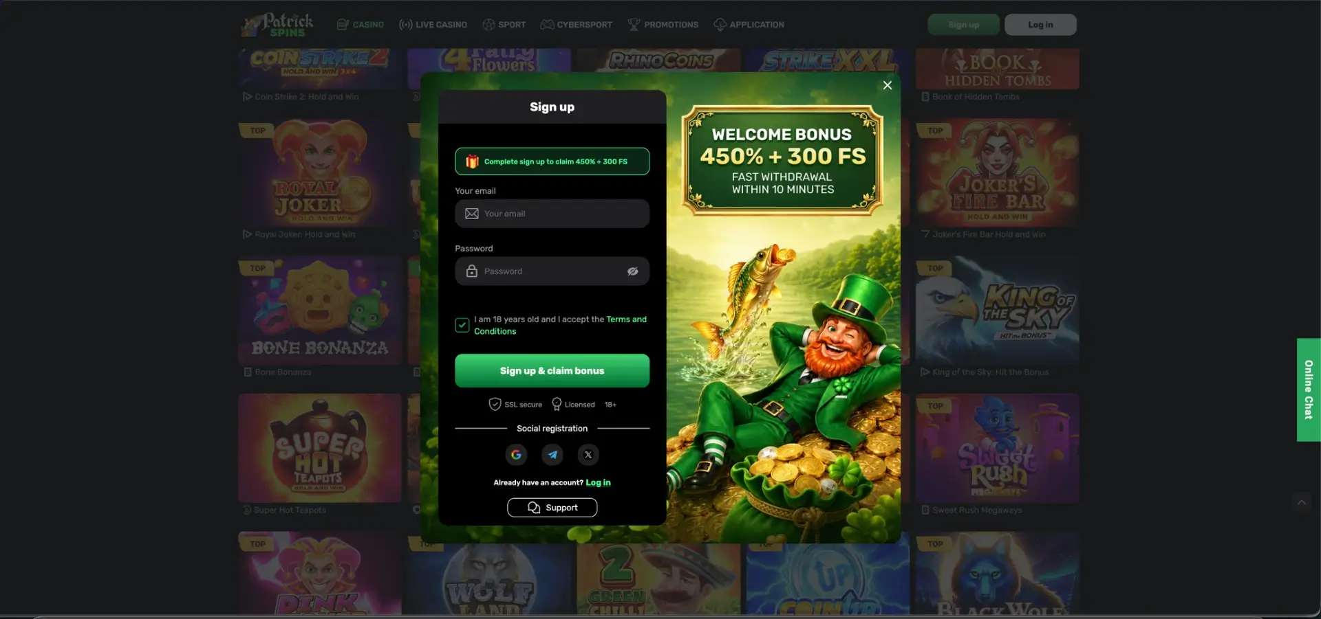 Patrick Spins account registration form and welcome offer